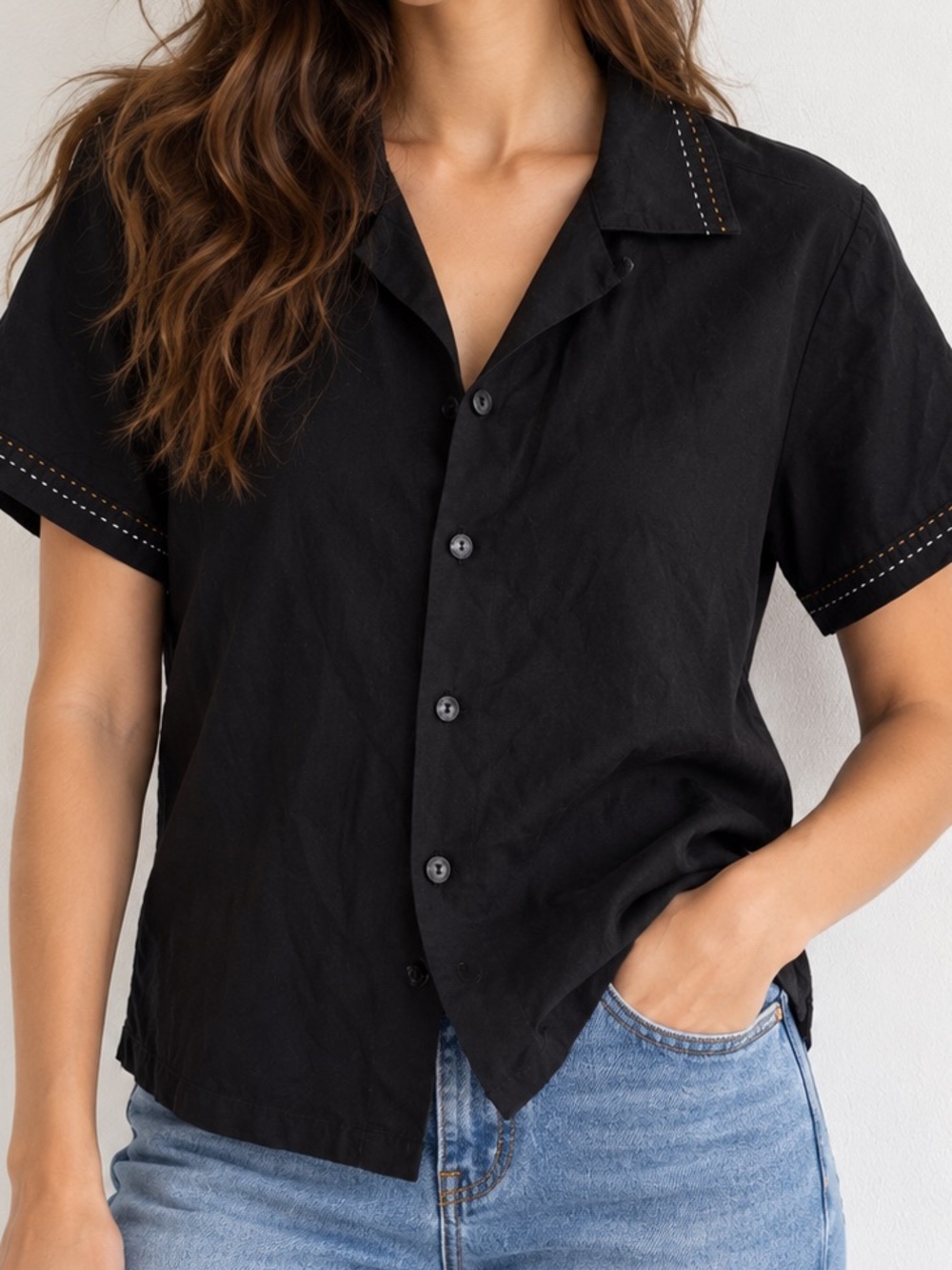 Straight To Hell Black Stitched Embroidered Short Sleeve Button Down XS